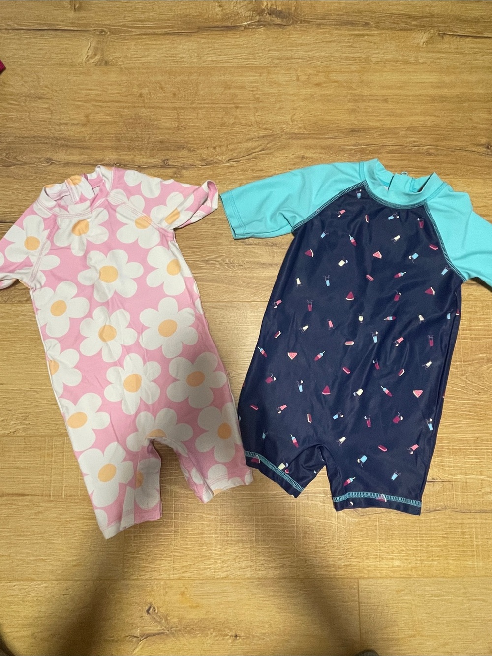 Pink Daisy & Navy Blue Teal Kids Swim Sunsuits - 18-24&2t